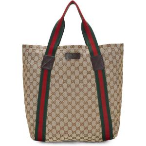 WHAT GOES AROUND COMES AROUND Women’s Pre-Loved Gucci Brown Canvas Flat Web Tote