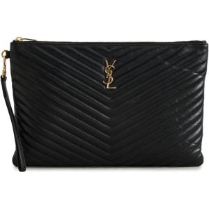 WHAT GOES AROUND COMES AROUND Women’s Pre-Loved Yves Saint Laurent Black Calfskin Monogram Wristlet Pouch(Black)