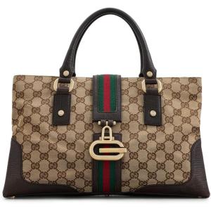 WHAT GOES AROUND COMES AROUND Women’s Pre-Loved Gucci Brown Canvas Web Junco Large Tote, Brown, One Size(Brown)