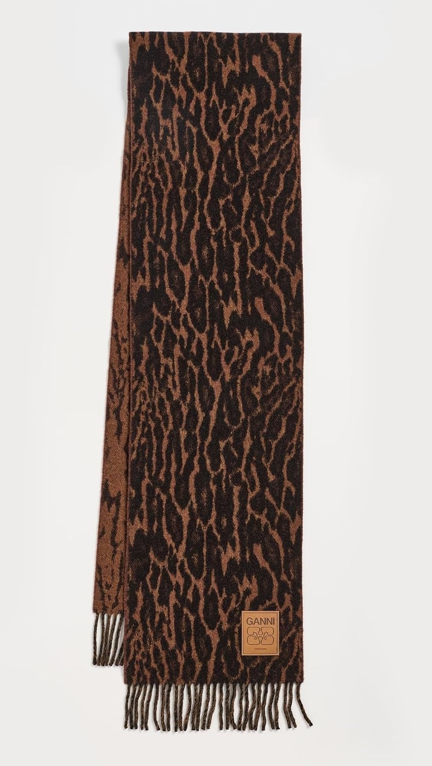 image:imageGanni Womens Compact Leopard Wool ScarfRawhide