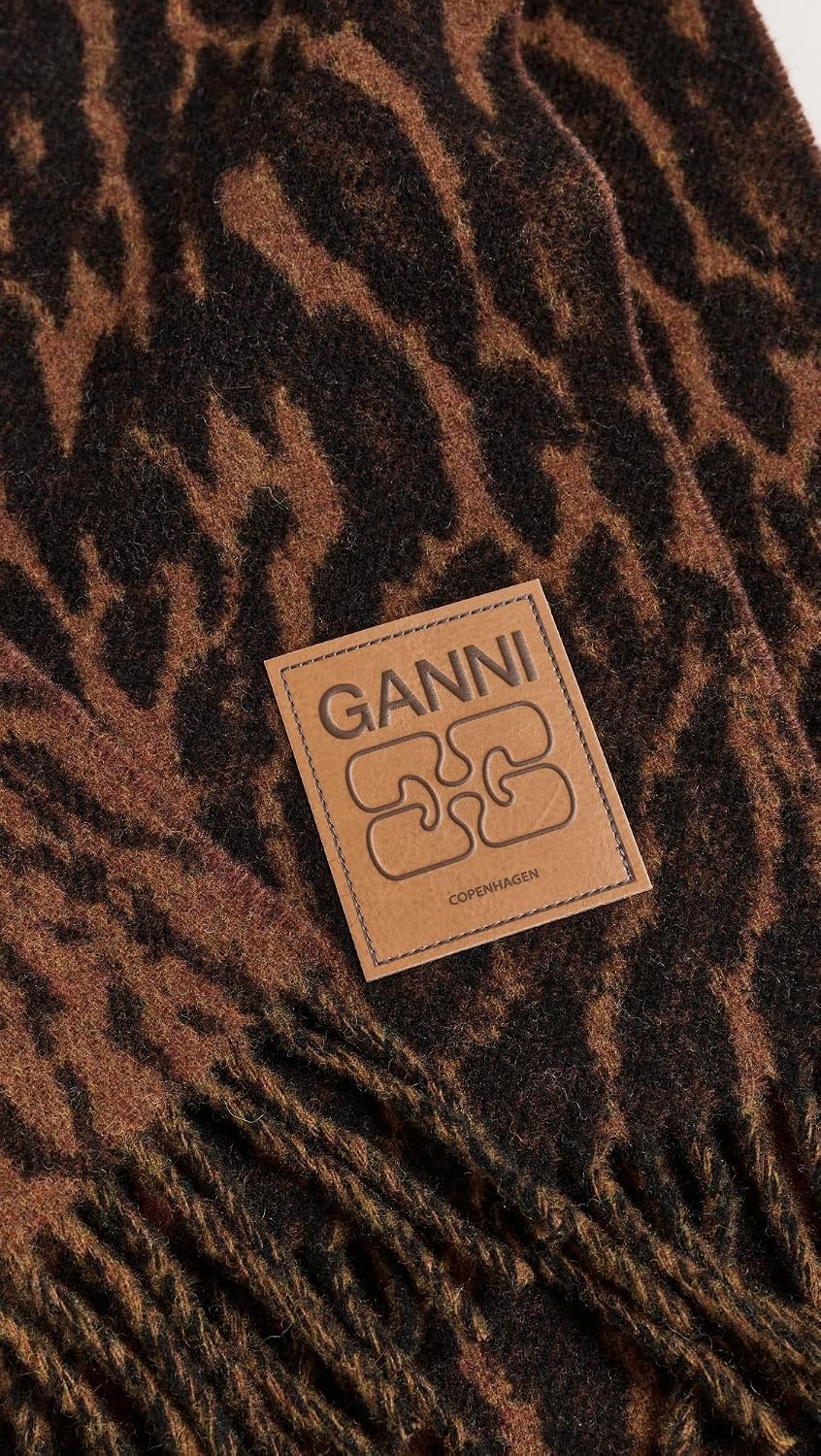 image:imageGanni Womens Compact Leopard Wool ScarfRawhide