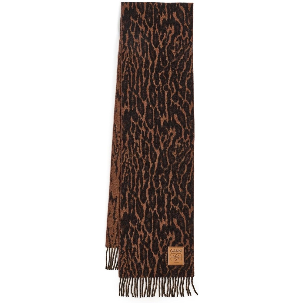 image:imageGanni Womens Compact Leopard Wool ScarfRawhide