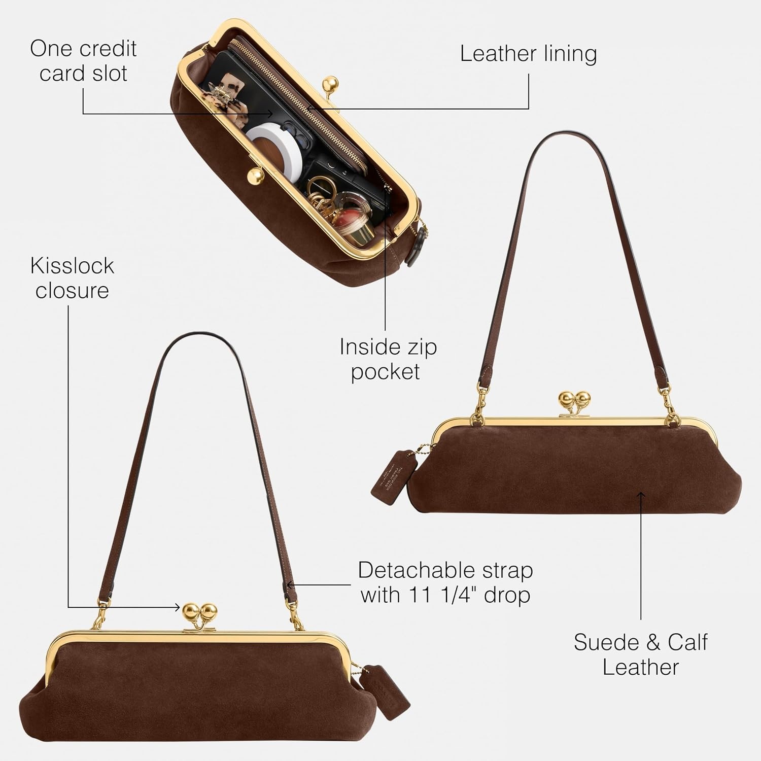 image:imageCoach Kisslock Frame Bag 30BrassSuede Dark Chocolate