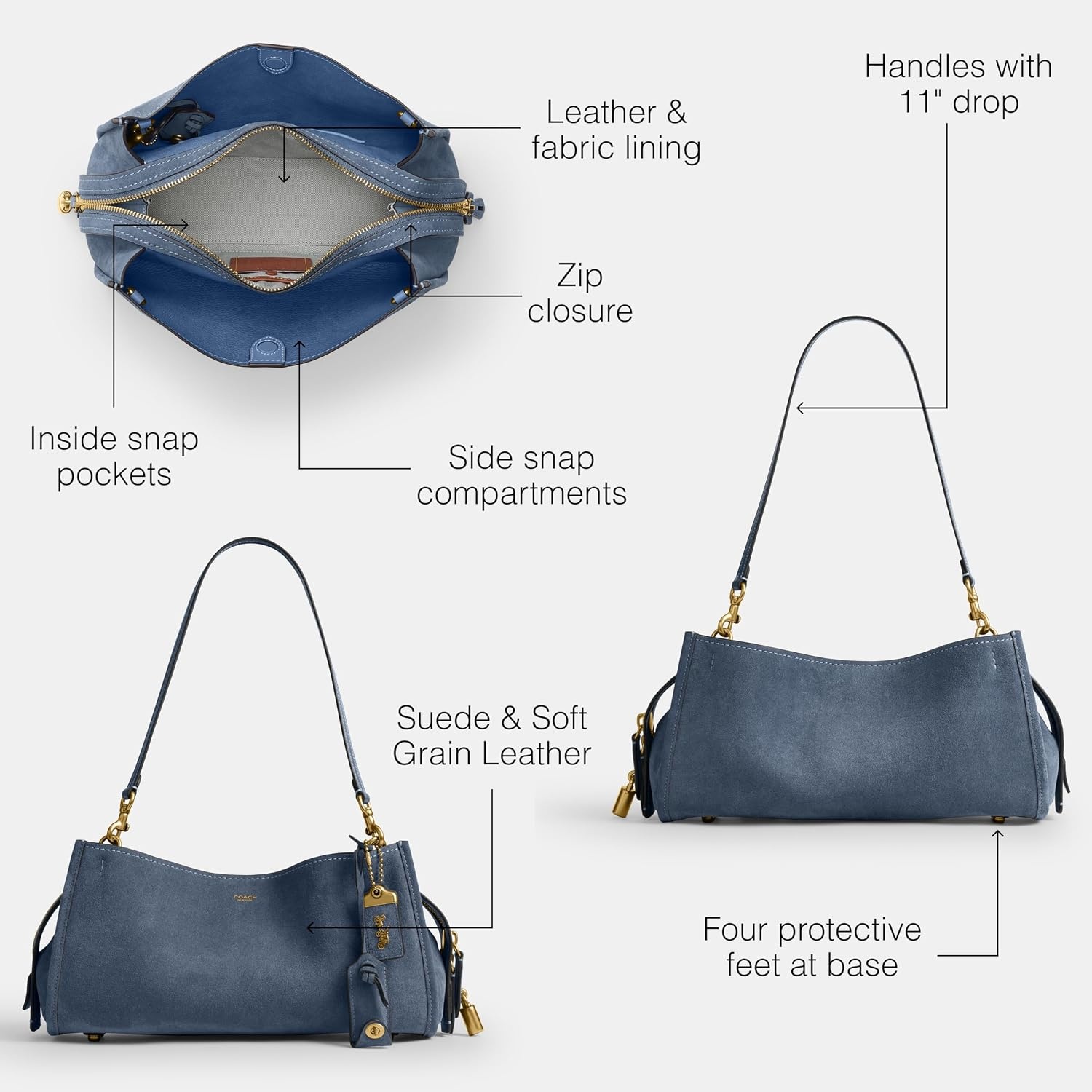 image:imageCoach Womens Soft Grain Leather East West Rogue Bag 34Light Denim Suede