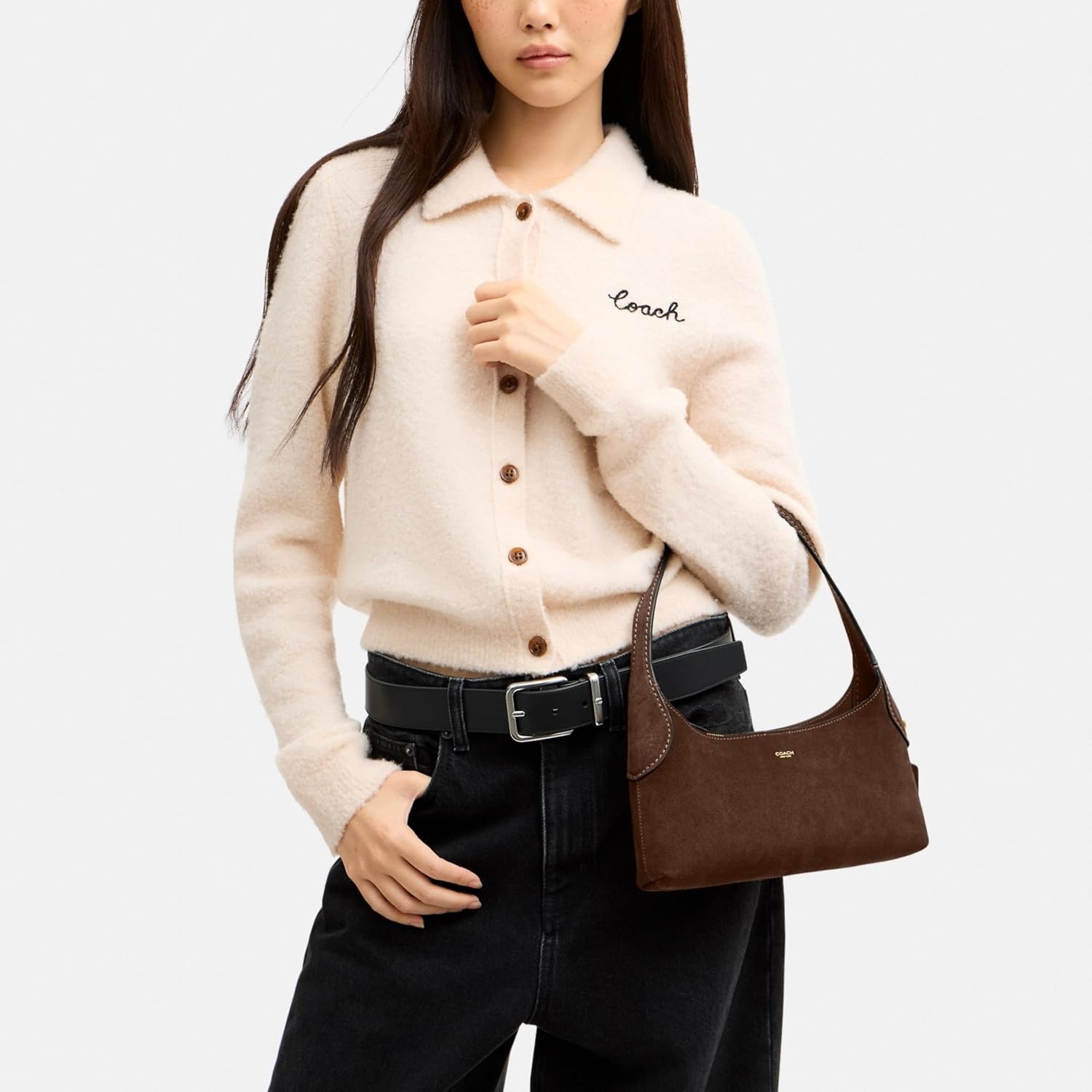 image:imageCoach Womens Brooklyn Shoulder Bag 26BrassSuede Dark Chocolate