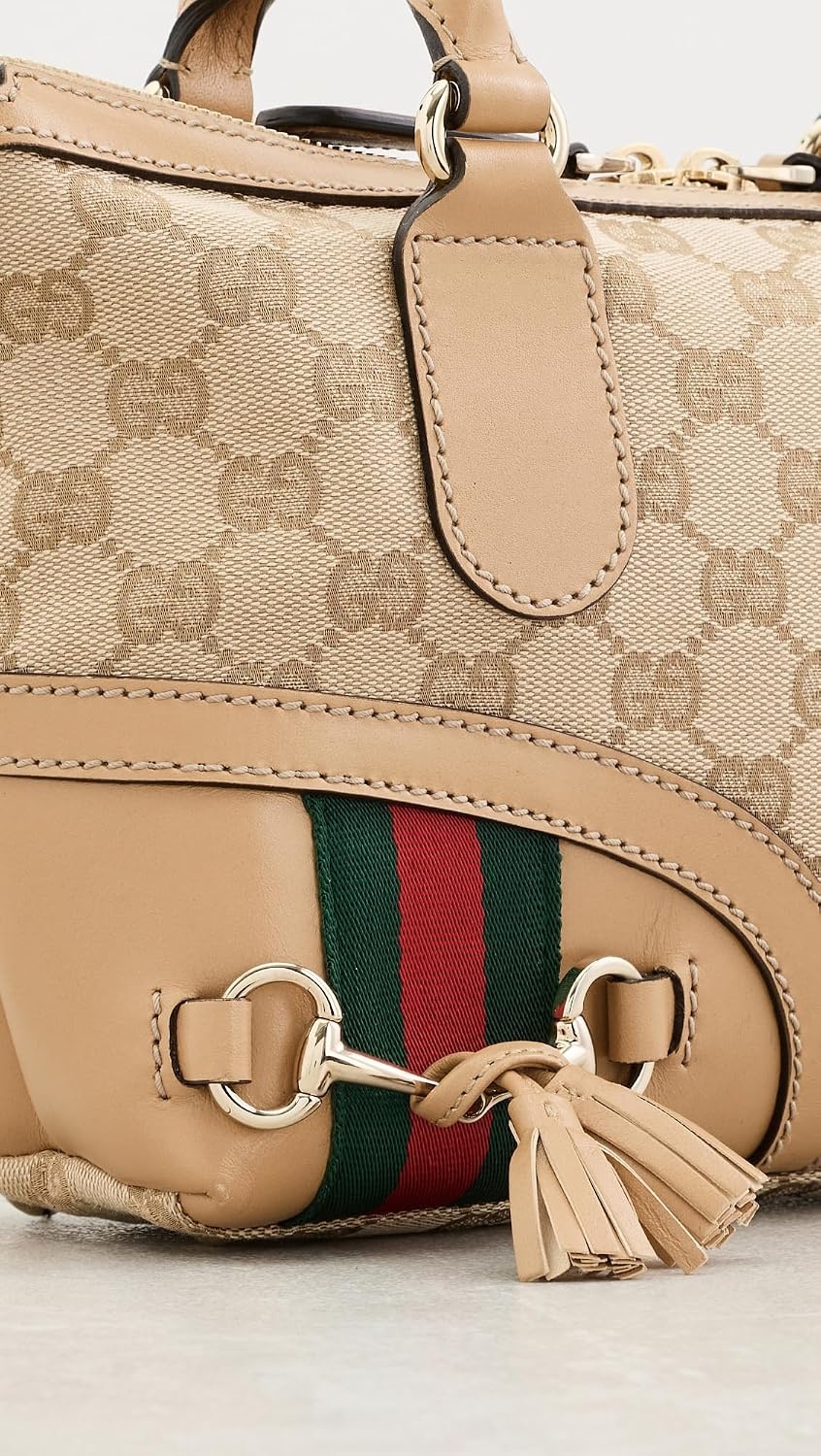 image:imageWHAT GOES AROUND COMES AROUND Womens PreLoved Gucci Canvas Tassel Horsebit Small HandbagBeige