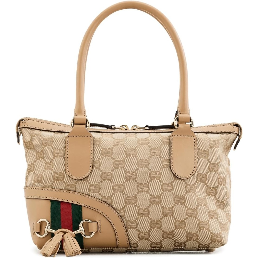 image:imageWHAT GOES AROUND COMES AROUND Womens PreLoved Gucci Canvas Tassel Horsebit Small HandbagBeige