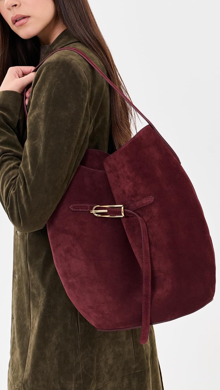 image:imageLiffner Womens Large Belted Bucket BagBurgundyGold Hardware